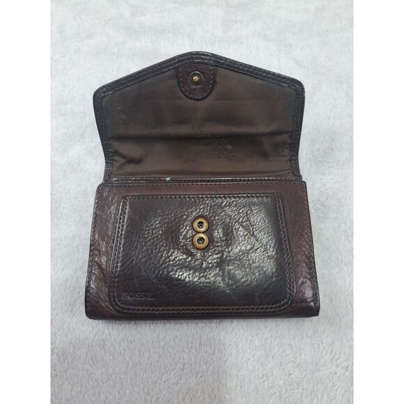 Fossil Wallet Brown Pebbled Leather Tri-Fold ID CC Slots Zip Coin Pockets Womans - Picture 7 of 13